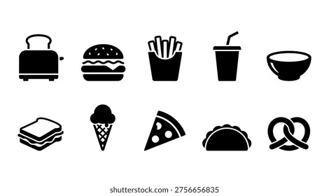 A collection of black and white icons representing various food items, including a toaster, burger, fries, soda, bowl, sandwich, ice cream, pizza, taco, and pretzel. This set can be used for menu design, food blog, or restaurant website.