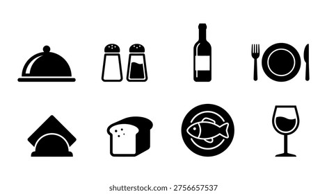 a collection of black and white icons representing various restaurant and food service elements, including a cloche, salt and pepper shakers, wine bottle, plate with utensils, house, bread, fish dish, and wine glass, potentially used for menu design, advertising, or branding