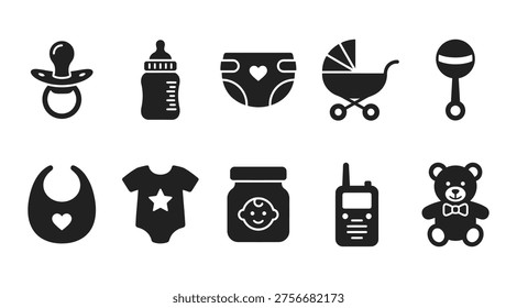 a collection of black and white icons representing baby care items and symbols, including pacifier, bottle, diaper, stroller, rattle, bib, onesie, baby food, baby monitor and teddy bear, useful for parenting, baby shower or childcare related designs and marketing materials