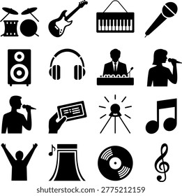Collection of black and white icons representing various musical instruments and performance elements for creative projects