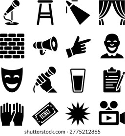 Collection of black and white icons representing entertainment and performance activities for creative projects