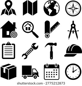 Collection of black and white icons representing construction tools transportation and planning elements
