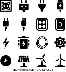 Collection of black and white icons representing various electrical and renewable energy symbols