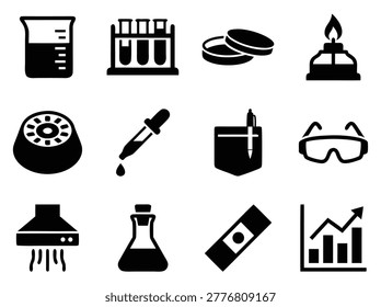 Collection of black and white icons representing various science laboratory equipment and tools.