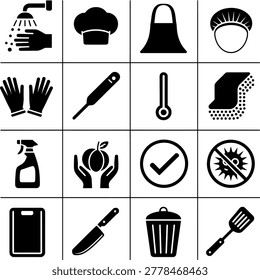 Collection of black and white icons representing kitchen hygiene safety and food preparation guidelines