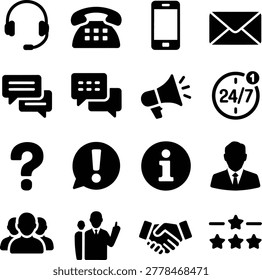 Collection of black and white icons representing customer service communication and business support methods