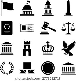 Collection of black and white icons representing government law and historical symbols with transparent background