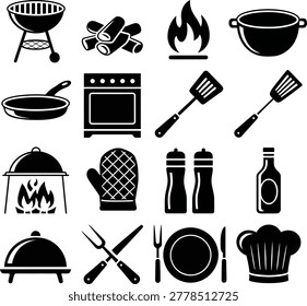 Collection of black and white icons representing cooking tools kitchen appliances and barbecue essentials