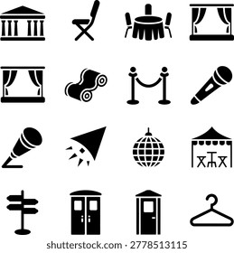 Collection of Black and White Icons Representing Theater Stage and Performance Elements with Various Symbols