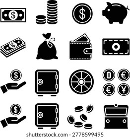 Collection of black and white icons representing various money and financial symbols for stock use