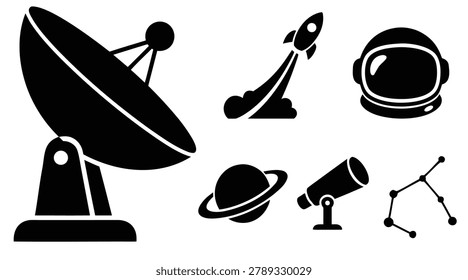 Collection of black and white icons representing space exploration and astronomy