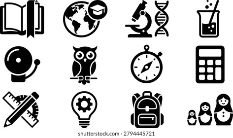 Collection of black and white icons representing education, science, learning, and school subjects. Includes symbols for books, globe, microscope, beaker, alarm, owl, compass, calculator, ruler, lightbulb, backpack, and matryoshka dolls.