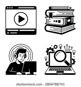 A collection of black and white icons representing modern education including video tutorials stacked books a student with headphones and a laptop with a magnifying glass