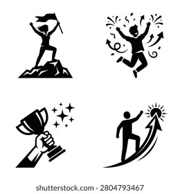 A collection of black and white icons representing success including a person on a mountain peak jumping for joy holding a trophy and climbing an arrow toward the sun