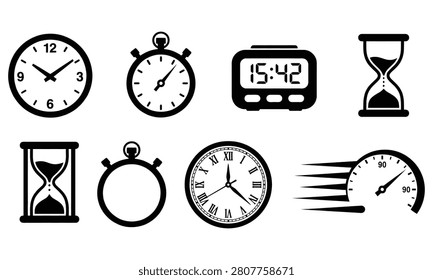 A collection of black and white icons representing various time-keeping devices and concepts