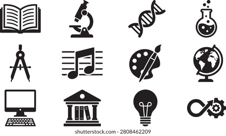 Collection of black and white icons representing various subjects and objects