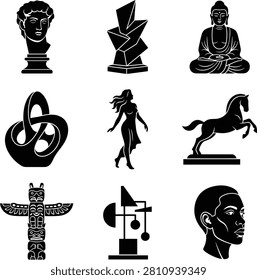 A collection of black and white icons representing various types of sculptures, statues, and artistic figures.