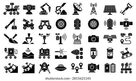 A collection of black and white icons representing space exploration and technology. Includes rovers, robotic arms, solar panels, antennas, cameras, batteries, and other scientific equipment.