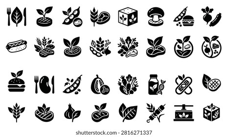 A collection of black and white icons representing various food items and concepts related to healthy eating, vegetarianism, and biotechnology. Icons include fruits, vegetables, meat, burgers, and scientific symbols.
