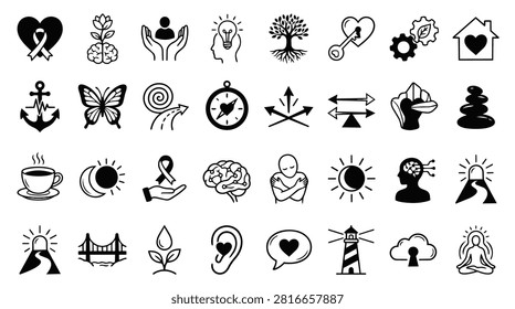 A collection of black and white icons representing various concepts like health, nature, guidance, and well-being. The icons include a heart with a ribbon, a plant growing from a brain, hands holding a person, a lightbulb idea, a tree, a key, gears, a house, an anchor, a butterfly, a road, a compass, arrows, a hand, stacked stones, a coffee cup, moon and sun, a hand holding a ribbon, a brain, a person hugging themselves, a sun, a silhouette head with circuits, a mountain path, a bridge, a sprout, an ear, a speech bubble with a heart, a lighthouse, a cloud with a keyhole, and a meditating person.