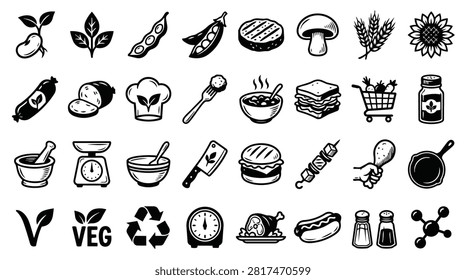 A collection of black and white icons representing various food items, cooking utensils, and dietary symbols. Includes vegetables, meats, grains, and vegetarian emblems.