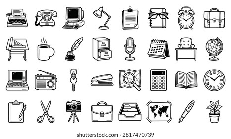A collection of black and white icons representing office supplies and equipment. Includes items like a typewriter, telephone, computer, desk lamp, filing cabinet, and calendar.