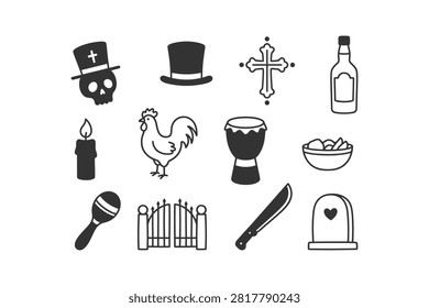 A collection of black and white icons representing Voodoo and Hoodoo rituals, including a skull, top hat, cross, candle, rooster, drum, and machete