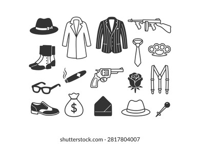 A collection of black and white icons representing gangster and mafia elements from the Prohibition era, including clothing, weapons, and accessories