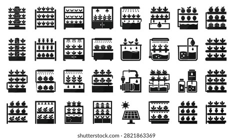 Collection of black and white icons representing various vertical farming hydroponic systems, equipment, and related technologies.