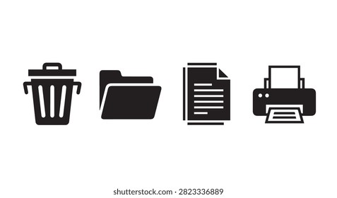 A collection of black and white icons representing trash bin, folder, document, and printer for office and document management themes.