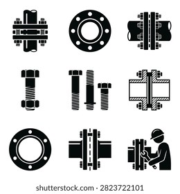 A collection of black and white icons representing industrial pipe flanges, bolts, and fittings used in construction and engineering.