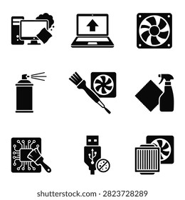 A collection of black and white icons representing computer cleaning and maintenance tools and actions.