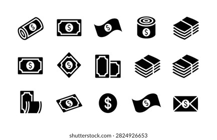 A collection of black and white icons representing various forms of currency and financial transactions. The icons include rolled bills, flat bills, a wavy bill, a roll of coins, stacks of bills, a diamond-shaped bill, two bills, a coin, and an envelope with a dollar sign. These graphics are presented on a white background, suitable for financial or business-related themes.