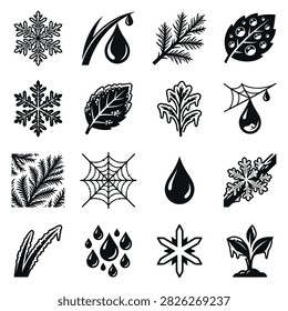 A collection of black and white icons representing winter elements and nature.