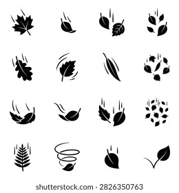 Collection of black and white icons representing falling leaves during autumn season, symbolizing nature and change.