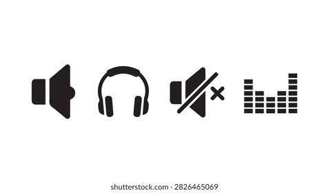 Collection of black and white icons representing volume, headphones, mute, and equalizer for multimedia and audio control interfaces.