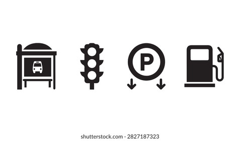 A collection of black and white icons representing parking, transportation, traffic signals, and fueling stations for various applications.