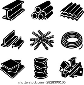 A collection of black and white icons representing various metal construction materials, including beams, pipes, sheets, rebar, wire, and scrap metal.