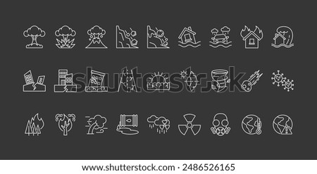 Collection Of Black And White Icons Representing Various Natural Disasters Like Earthquakes, Floods, Tornado
