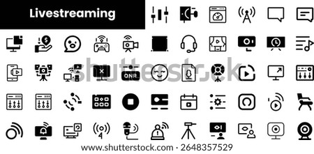 A collection of black and white icons representing various aspects of livestreaming, including devices, audio equipment, and communication symbols.