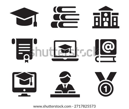 A collection of black and white icons representing various aspects of education, including graduation, learning, and achievement