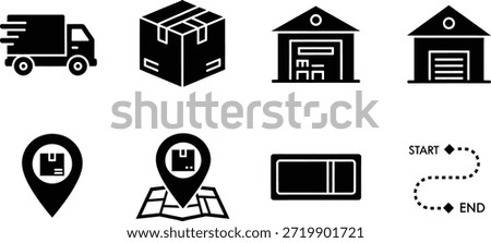 A collection of black and white icons representing various aspects of delivery logistics and shipping services, icons arranged in a clean, perfectly aligned grid, flat vector design, solid black color, consistent stroke and proportions, fully editable EPS vector format, no gradients, no shadows, no text