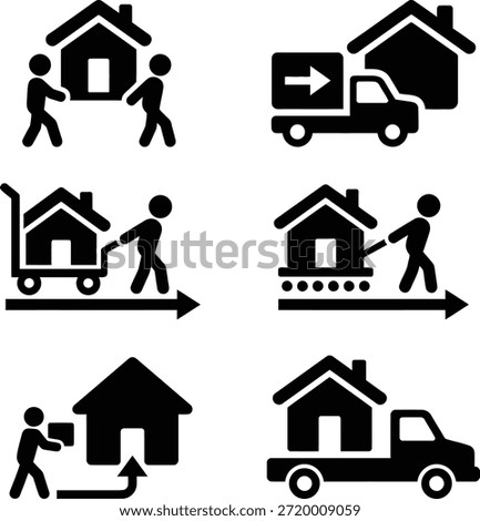 Collection of black and white icons representing moving house and relocation services