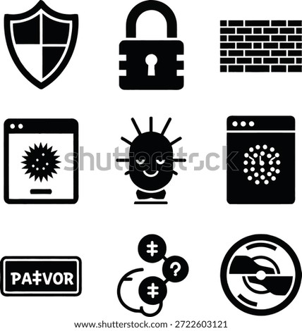 A collection of black and white icons representing cybersecurity concepts including a shield, padlock, brick wall, virus, data, and a question mark.