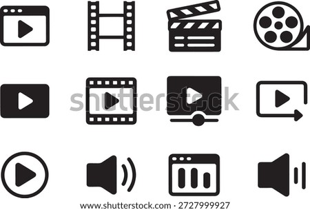 A collection of black and white icons representing video playback, film reels, clapperboards, and audio volume controls.