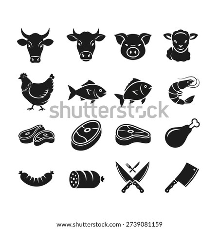 A collection of black and white icons representing various types of meat and fish, including beef, pork, lamb, chicken, fish, shrimp, steaks, sausages, and butcher knives.