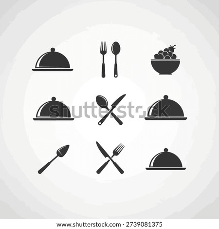 A collection of black and white icons representing food, dining, and cutlery, including cloches, forks, spoons, knives, and a bowl of fruit.