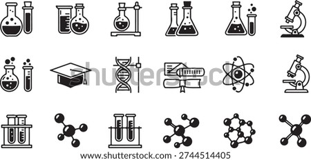 A collection of black and white icons representing various science laboratory equipment and education symbols.