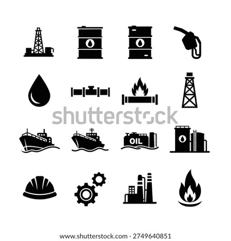 A collection of black and white icons representing various aspects of the oil and gas industry, including drilling rigs, oil barrels, pipelines, ships, and refineries.