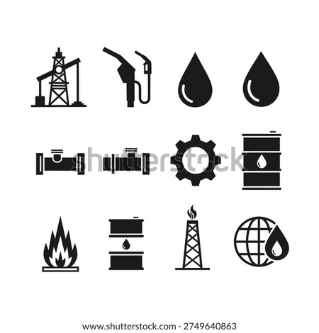 A collection of black and white icons representing the oil and gas industry, including drilling rigs, fuel pumps, oil drops, pipes, gears, barrels, flames, and a globe.
